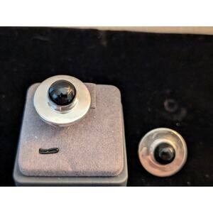 Vintage Taxco Mexico Sterling Silver Black Cabochon Screw Back Earring